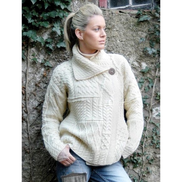 Carraigdonn Irish Merino Wool Cable Knit chunky Cardigan Sweater size XL Ivory - Picture 1 of 6